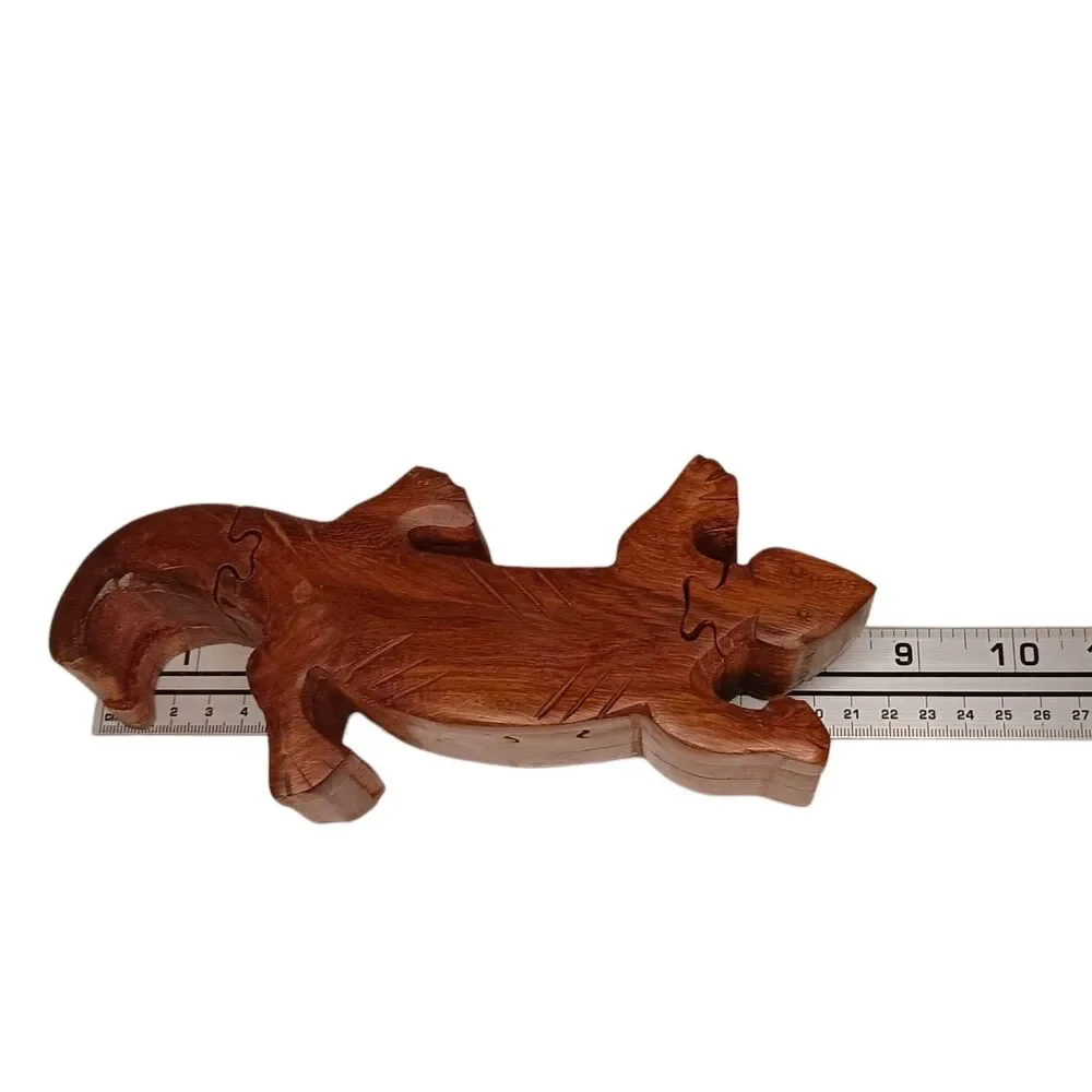 Vintage Wood Lizard Puzzle Box Secret Compartment Gecko 8.5